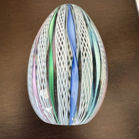 Murano Other - Vtg Murano Egg Shape Multi-Color Ribbon Latticino Glass Paperweight GORGEOUS